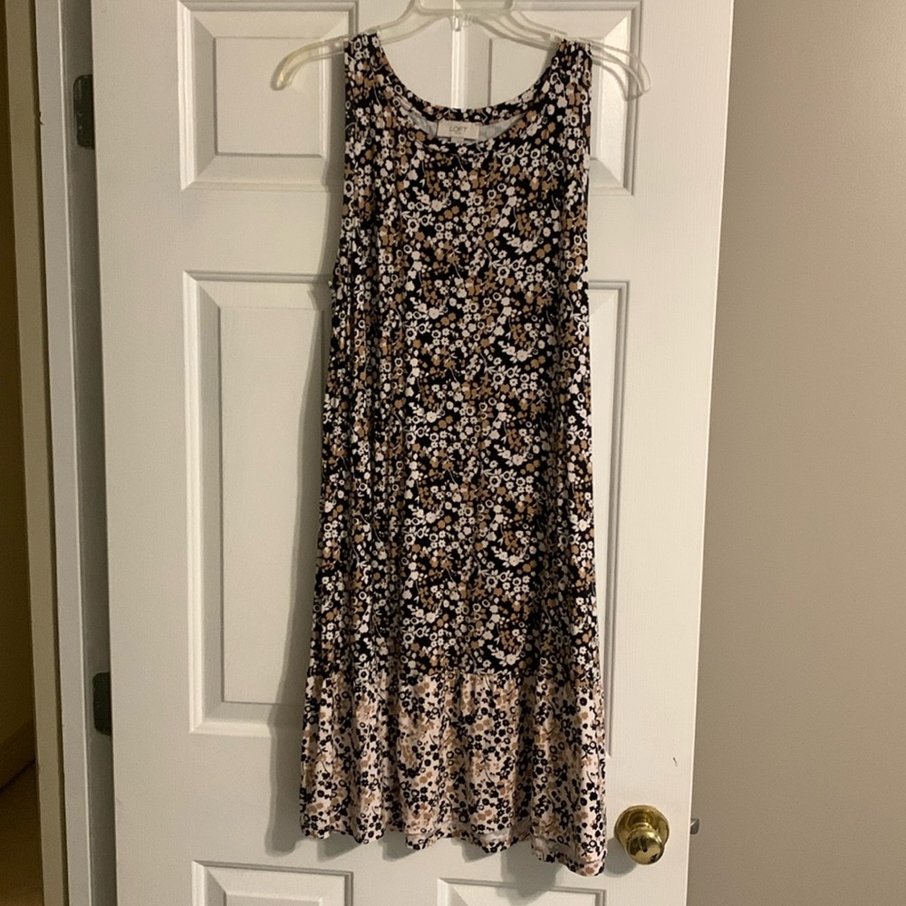 Loft size large dress in floral print with black, white, and tan colors